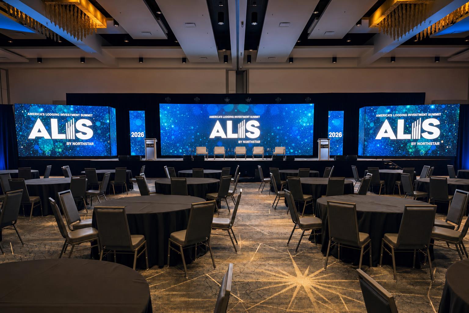Wide view of ALIS 2026 corporate general session ballroom production