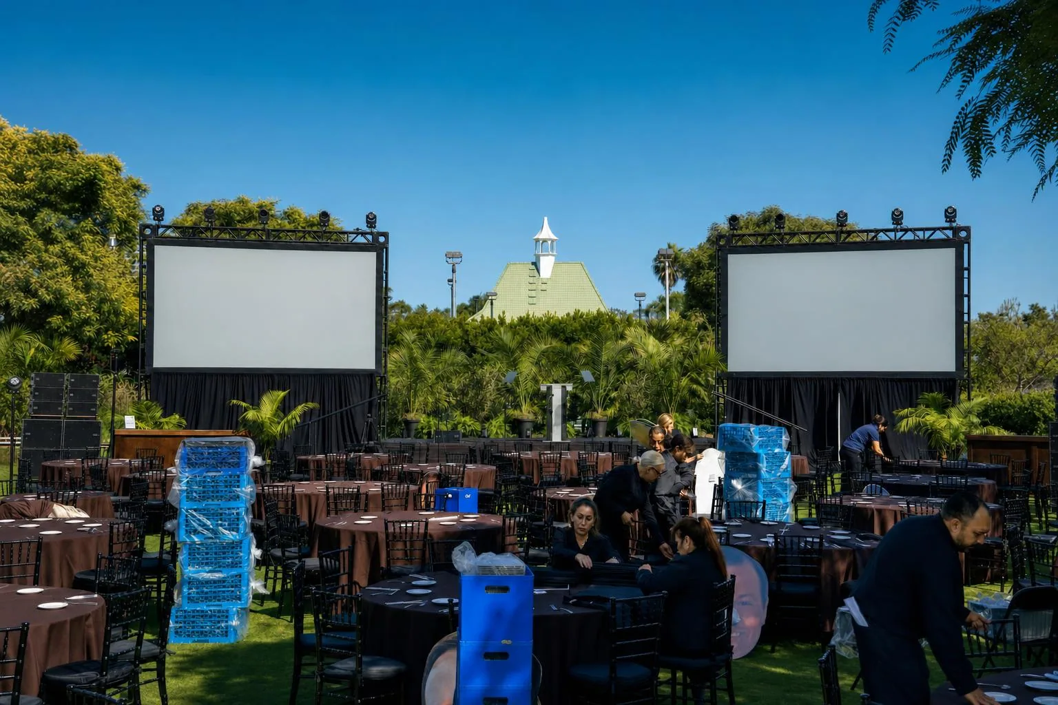 Corporate event in progress with stage, lighting, and audience engagement