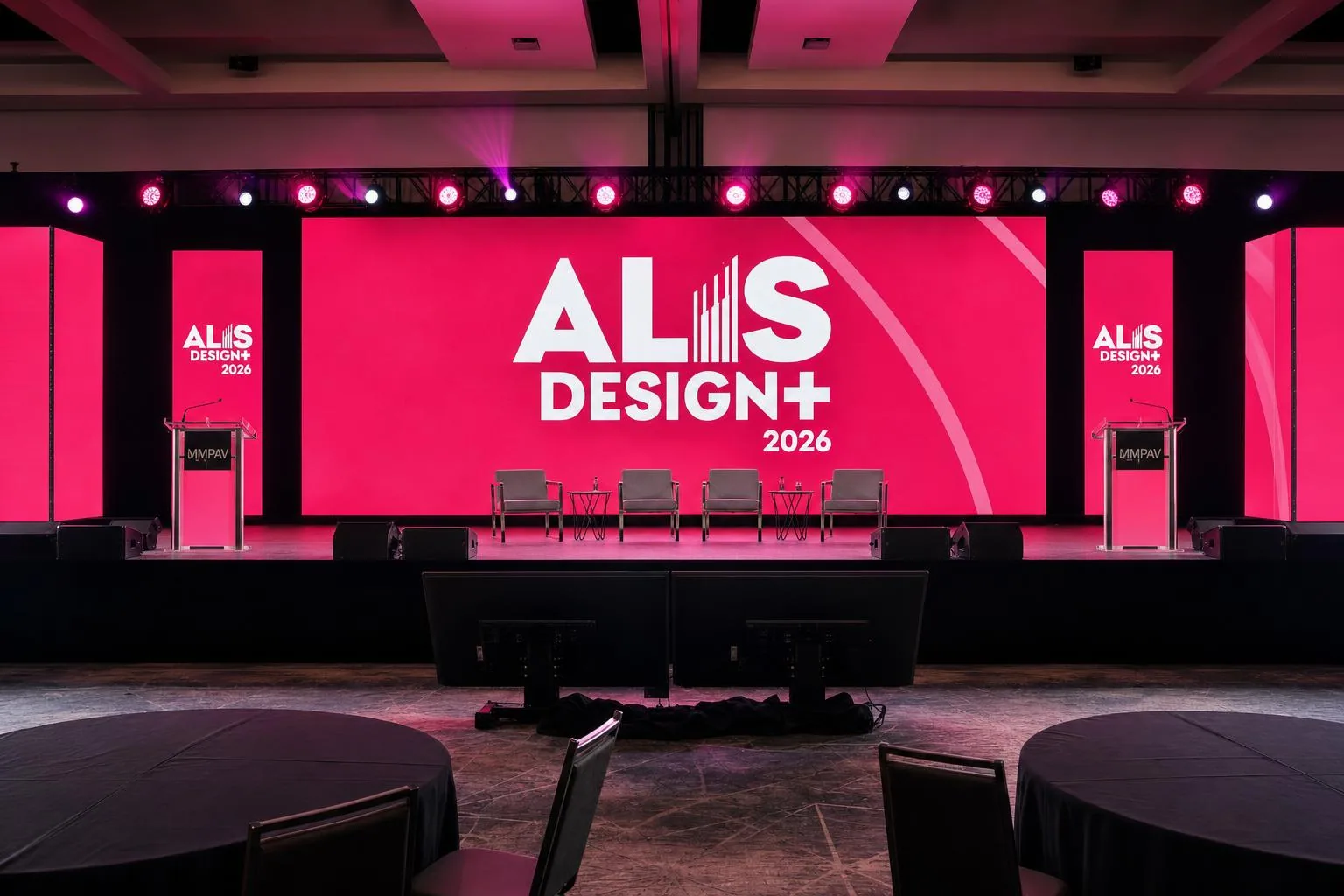 Flashy ALIS Design+ stage with vibrant pink LED screens showing bold motion-graphics branding for keynote content