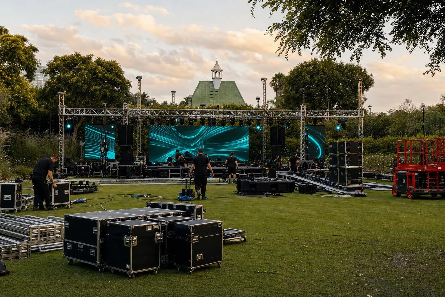 Wide load-in with multiple crew moving road cases before a corporate event