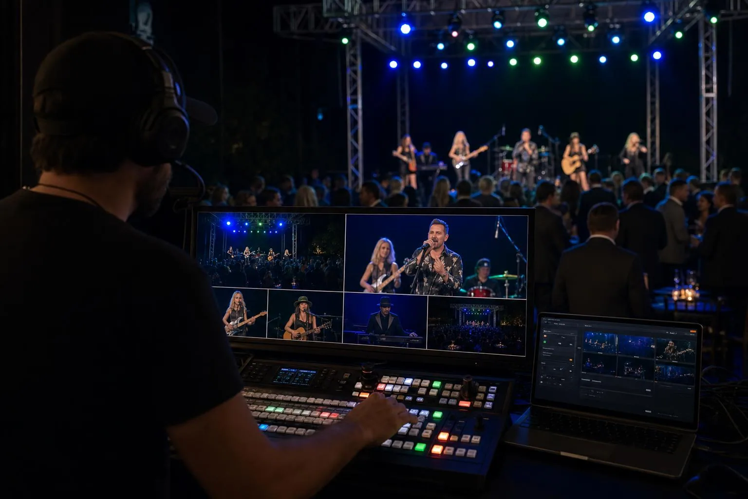 Technical director at live switcher with multiview of outdoor concert stage