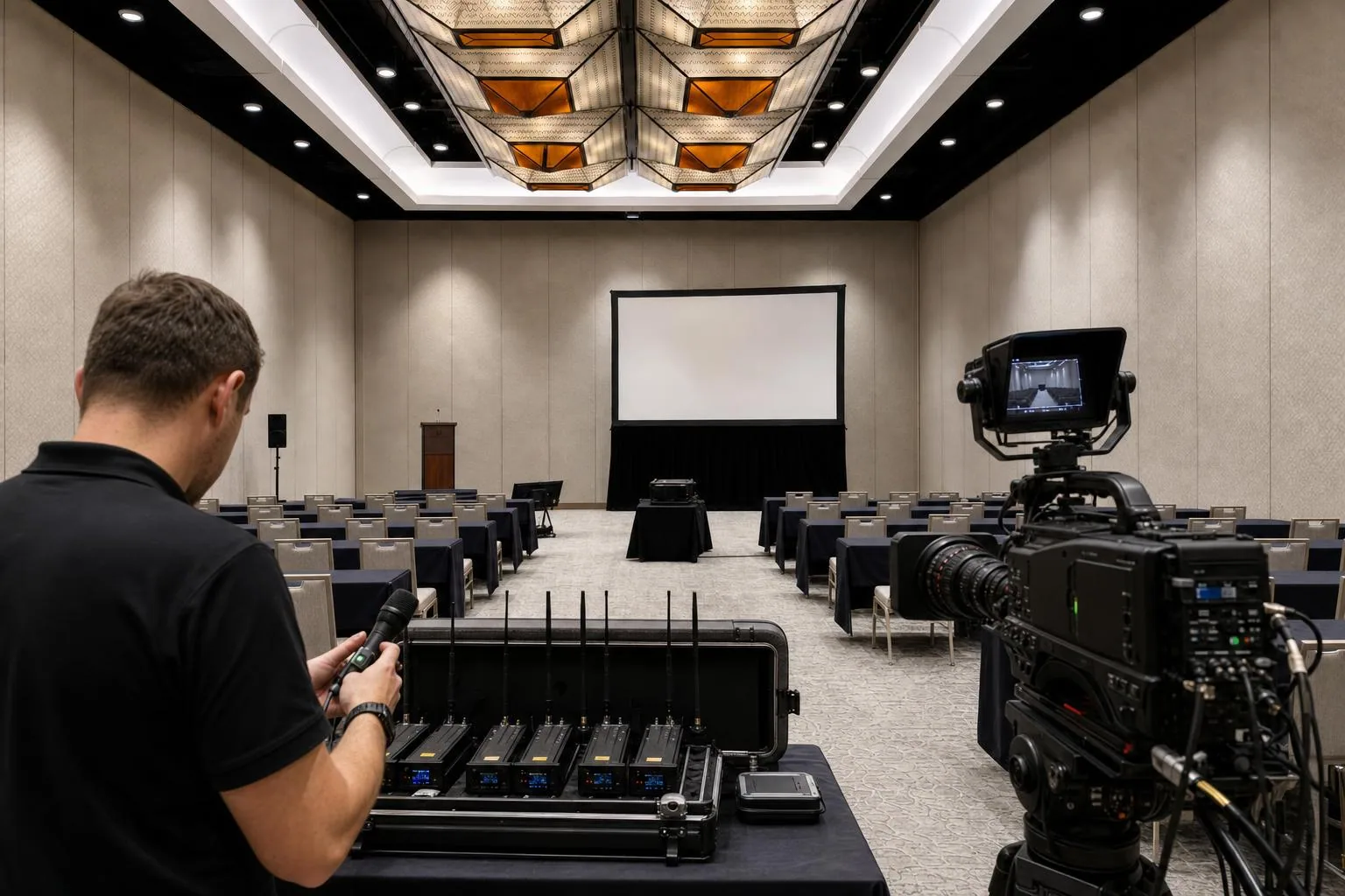AV technician configuring wireless microphones and broadcast camera in breakout room