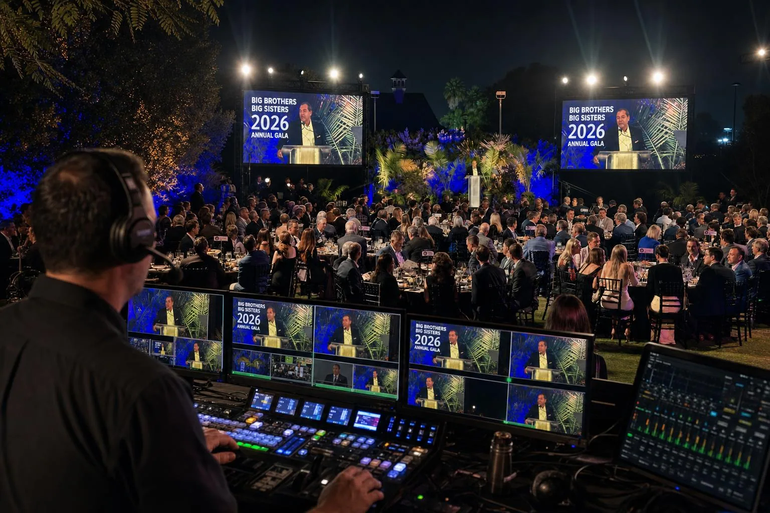 Technical director at live switcher during outdoor gala with LED IMAG screens