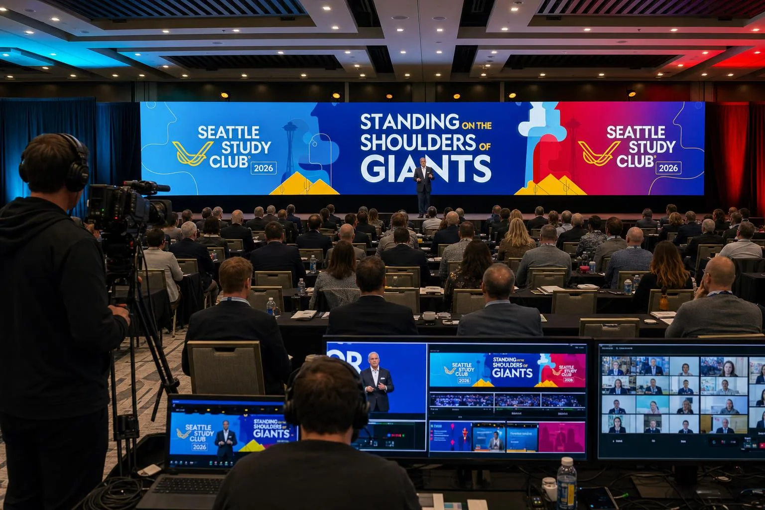 Hybrid corporate webcast with live audience, stage presentation, and streaming production crew capturing content on-site