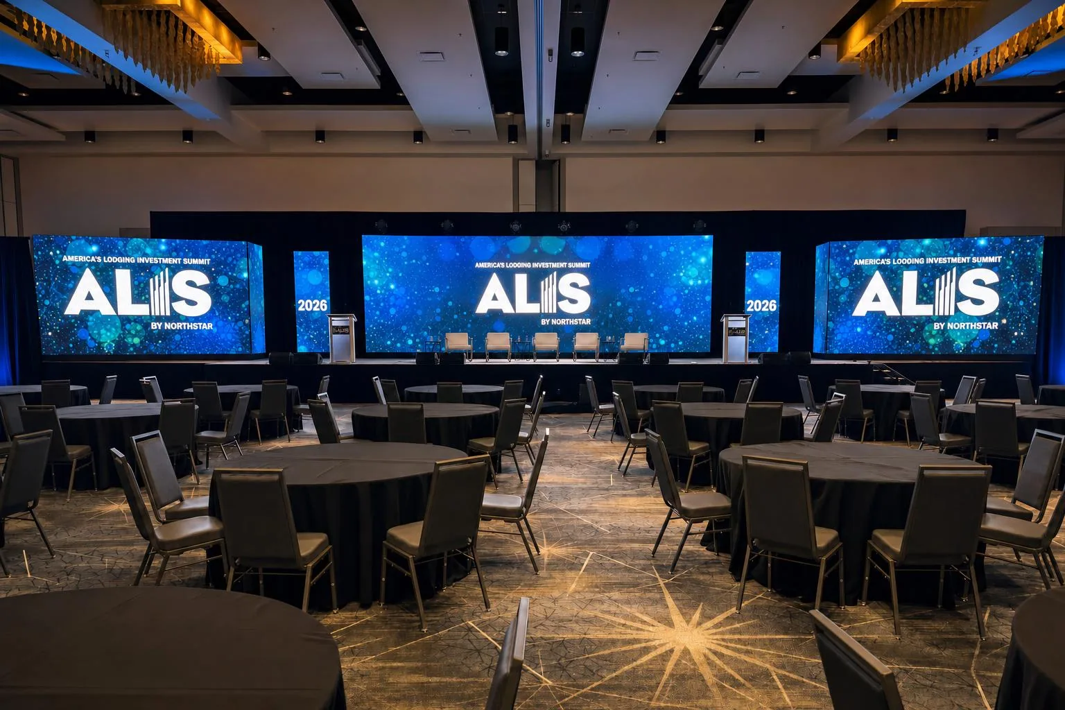Wide view of ALIS 2026 corporate general session ballroom production
