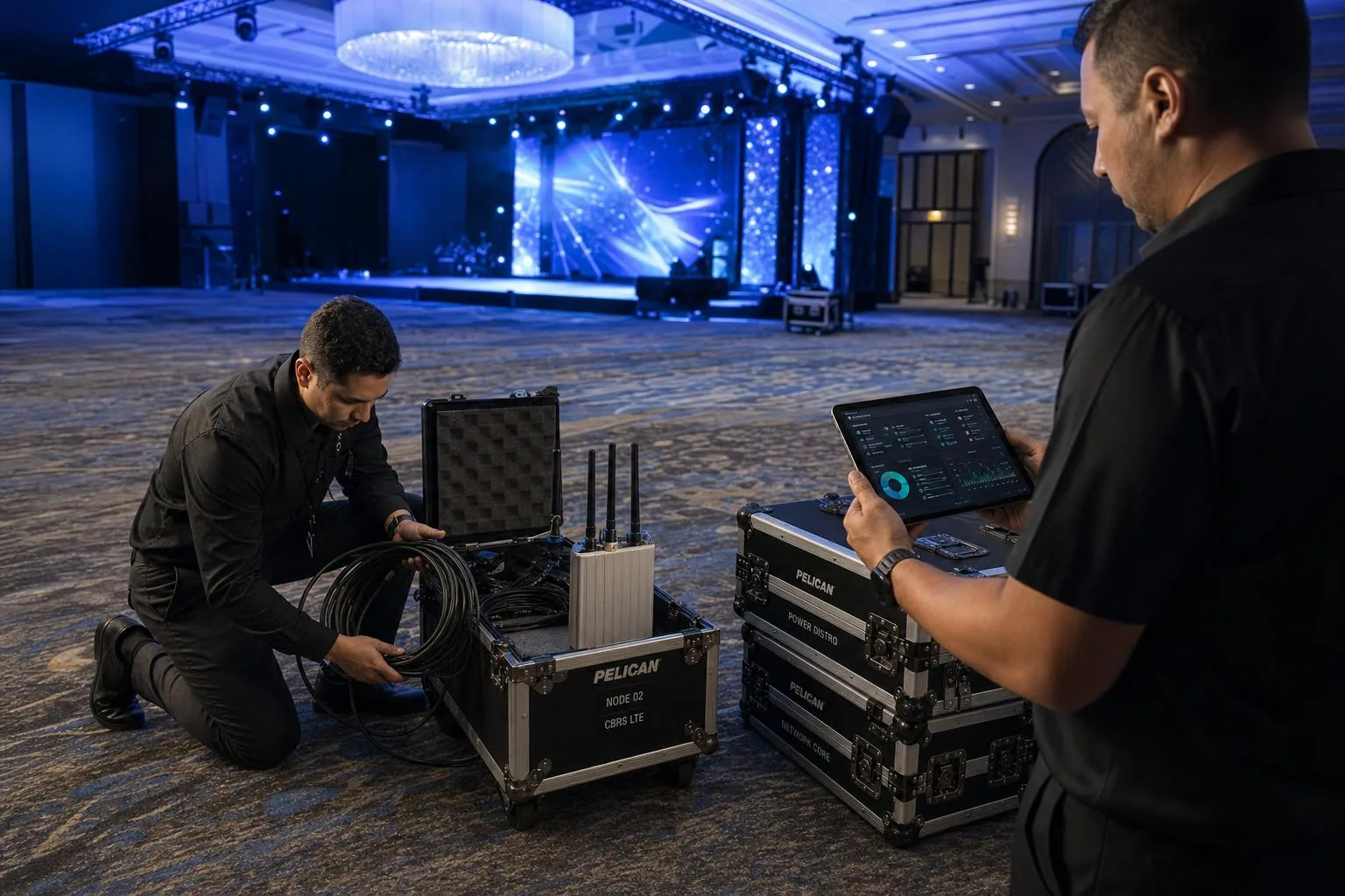 Network crew packing CBRS LTE gear into road cases while engineer reviews post-event summary report on tablet