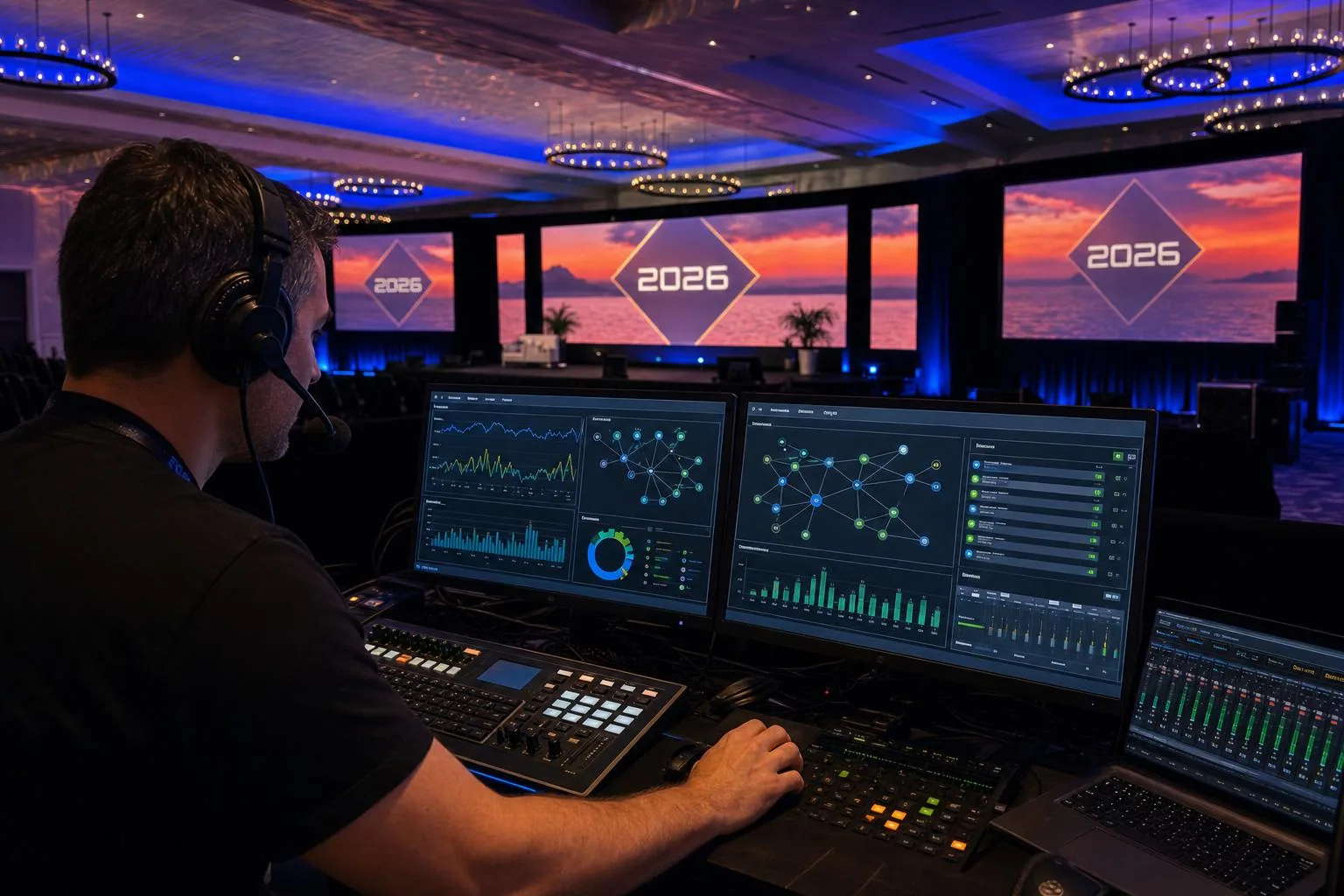 On-site network engineer monitoring live throughput dashboard during event