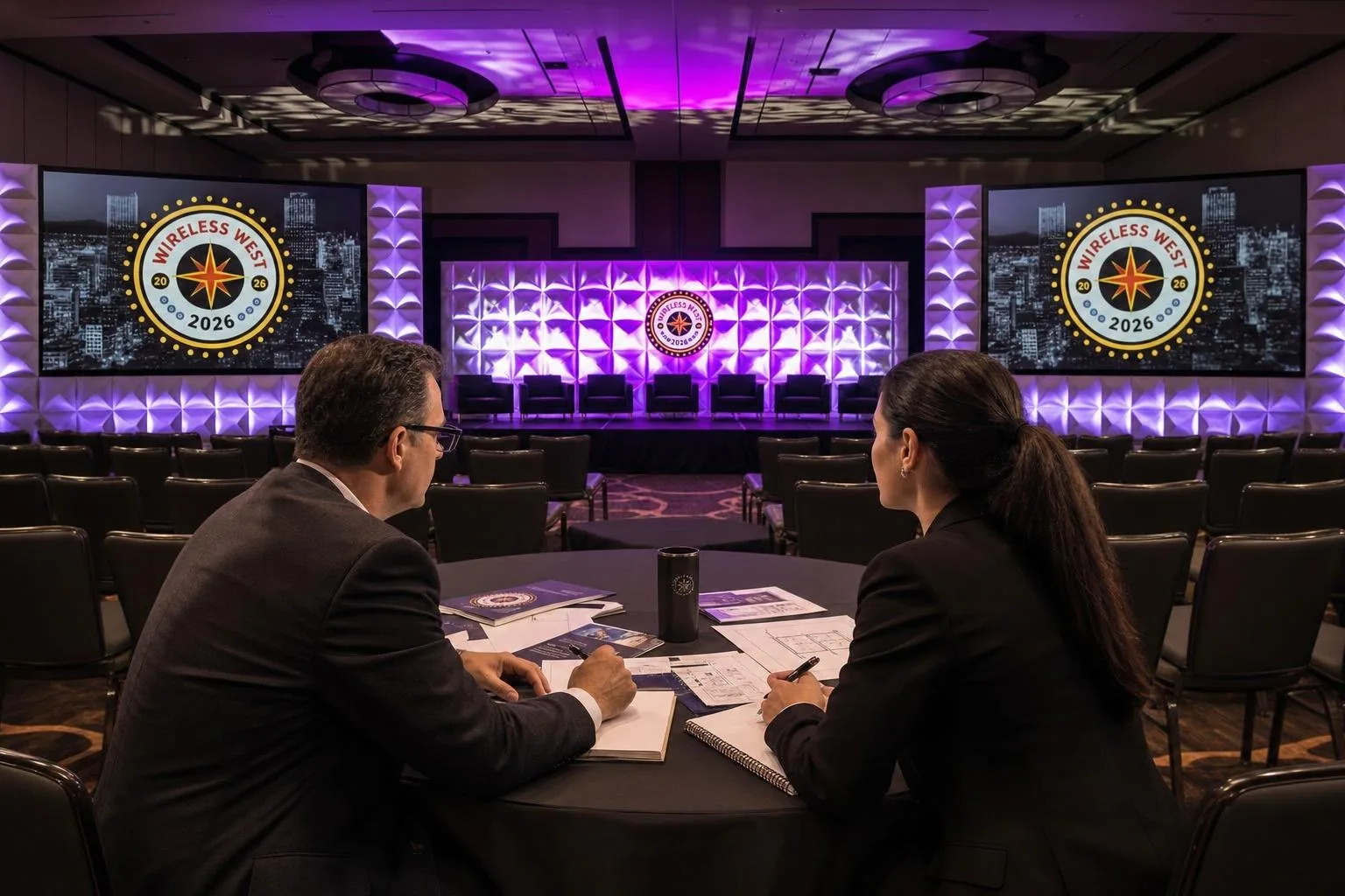 Video producer and client reviewing story plan at corporate event set