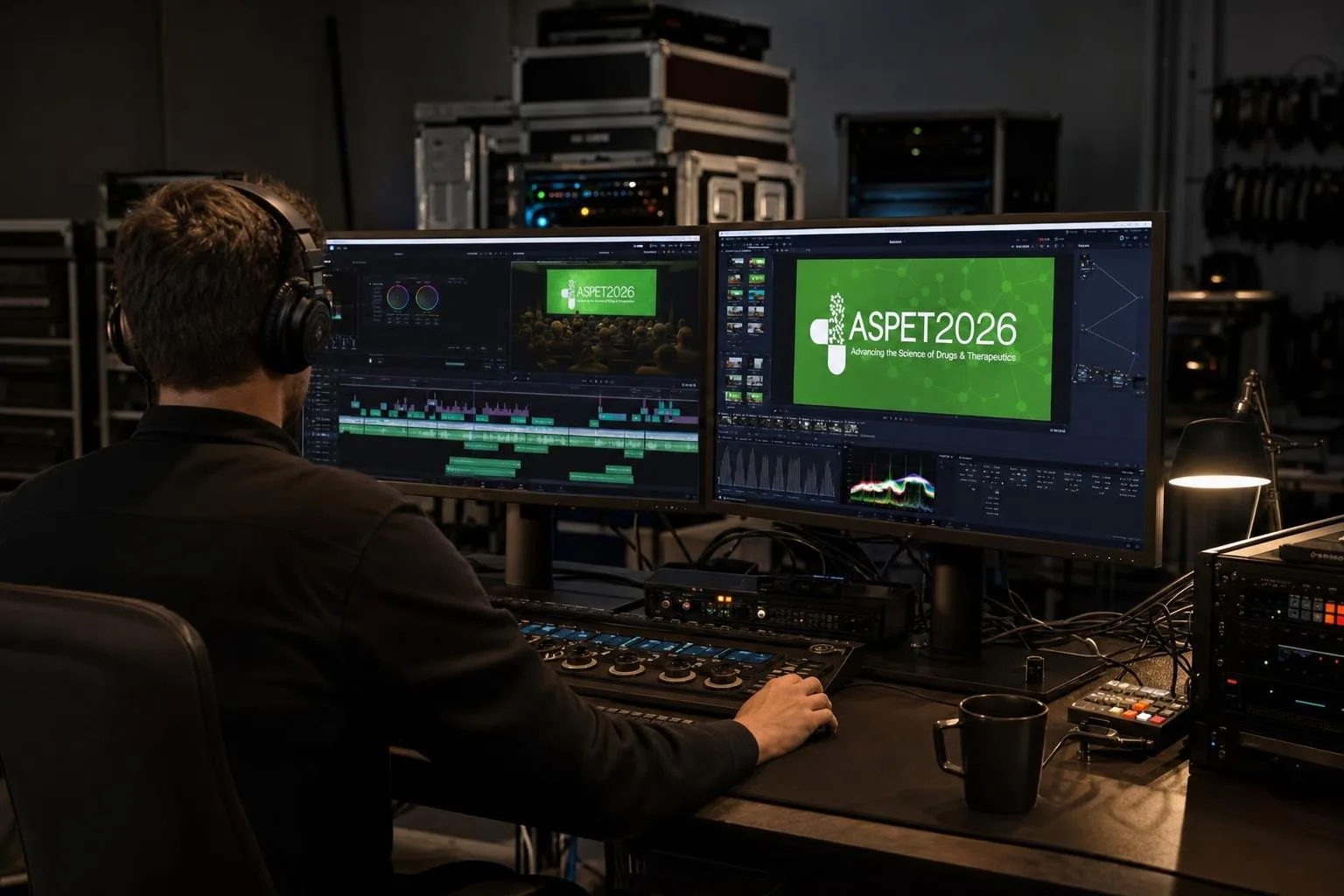 Video editor at a dual-monitor post suite preparing final content files for client delivery