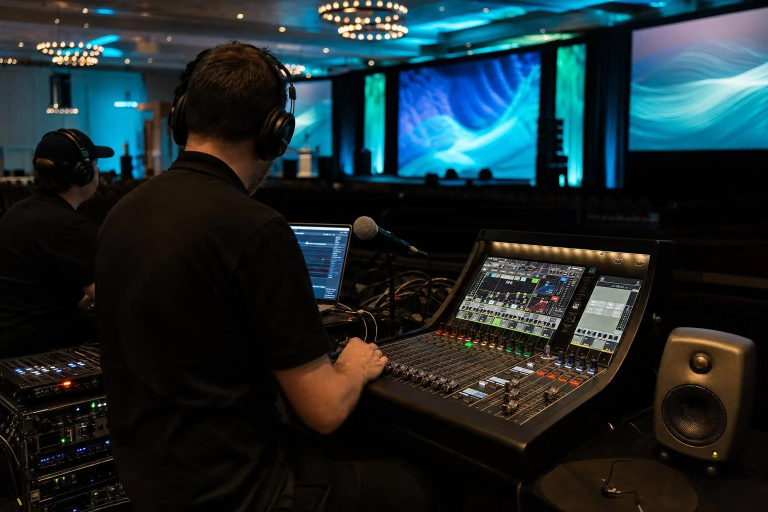 Front-of-house console, racks, and monitors at a corporate event production position